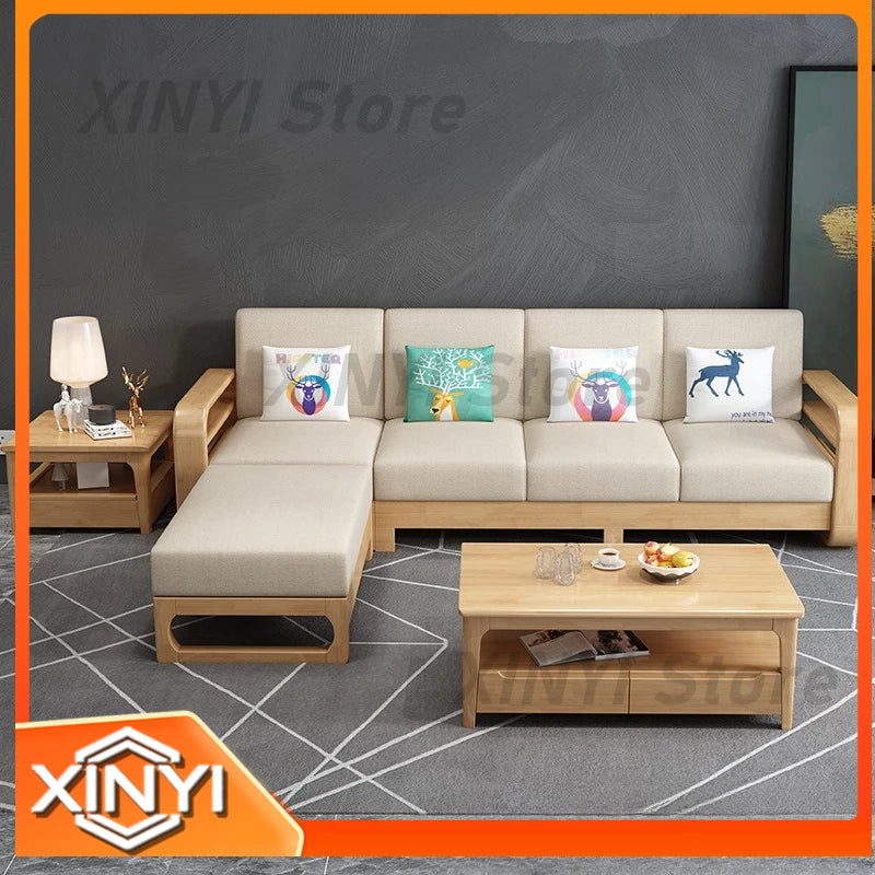 All Solid Wood Sofa and Nordic Living Room Coffee Table Combination for Modern Home Decor