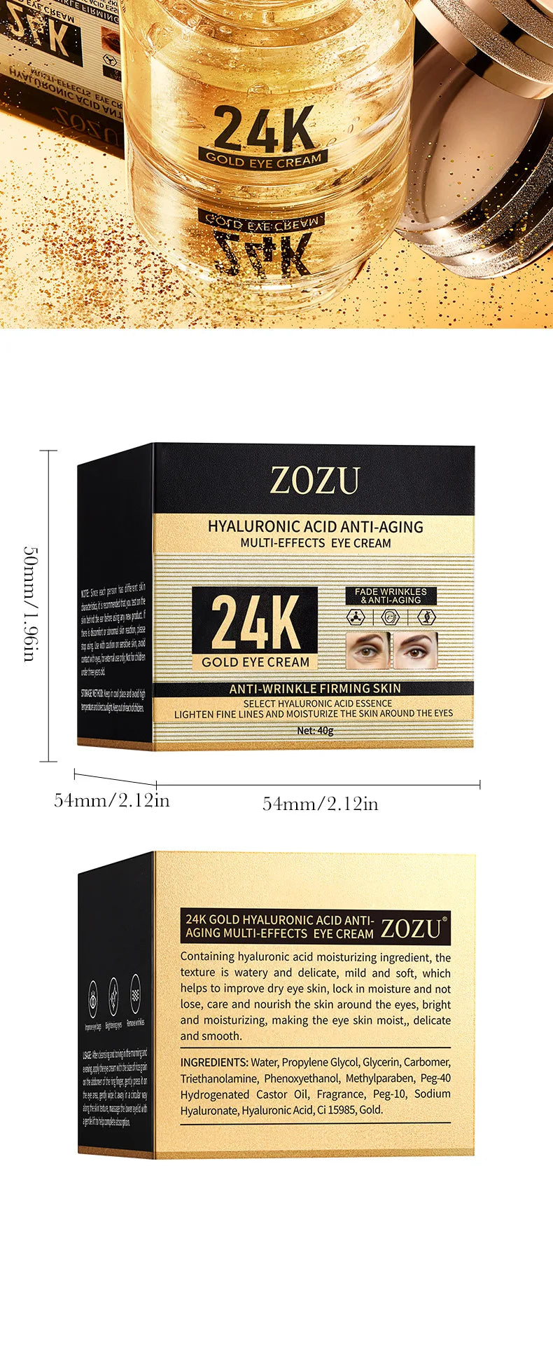 40G24K Gold Hyaluronic Acid Eye Cream Anti-Dark Circles, Firming and Moisturizing Eye Care Product