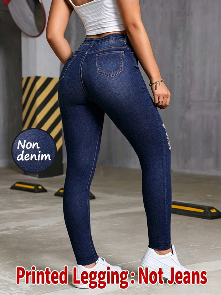 Women Printed Leggings Not Denim Fabric, Fake Pocket & Button Print Design Pants, High Elastic Fashion Slim Fit Skinny Casual