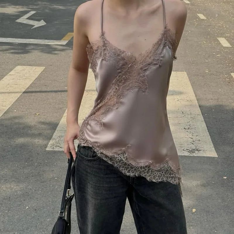 Tuularose Women's Lace Spaghetti Strap Dress Sexy Sleeveless Lace Patchwork Asymmetrical Dress Summer Party Looks Elegant Dress