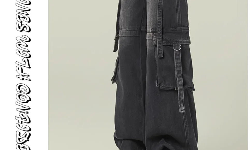 Black Gray Multi Pocket Cargo Jeans Women's Y2K Gothic Baggy Harajuku Oversize Denim Trousers Washed Straight Leg Wide Leg Pants