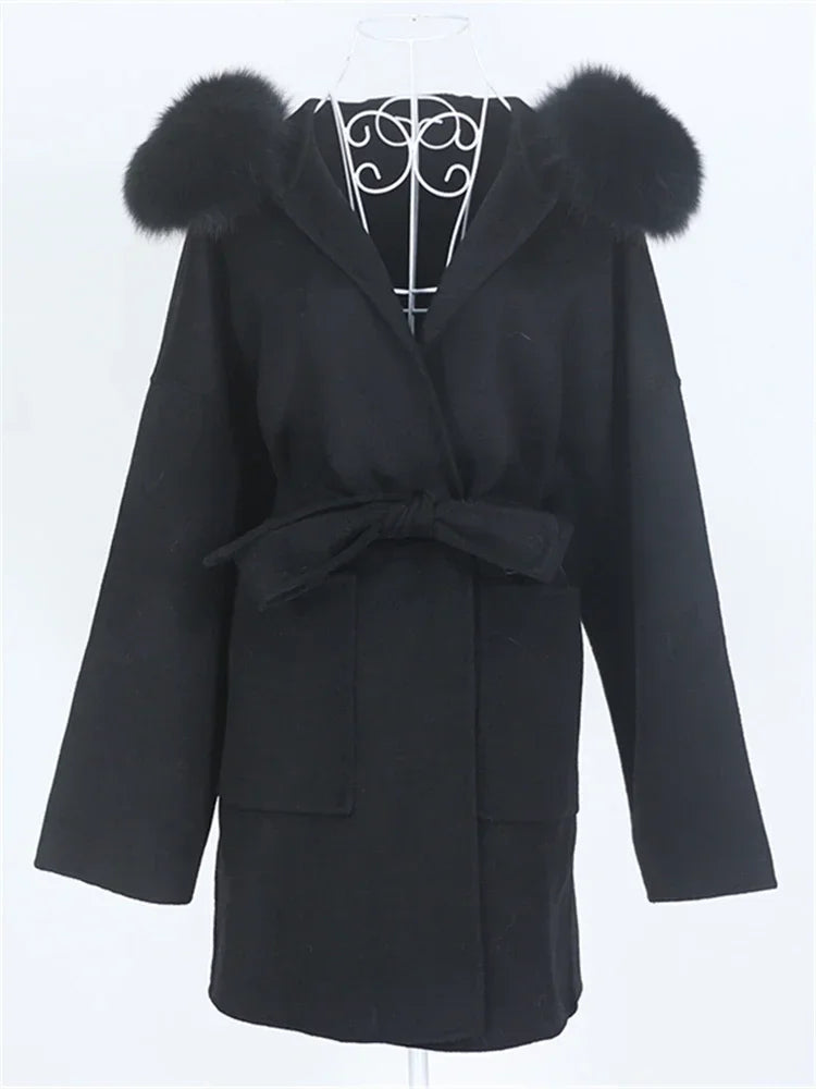Real Fur Wool Outerwear Wool Blends Coat Natural Fox Fur Collar Hooded Cashmere Winter Jacket for Women Streetwear High Street