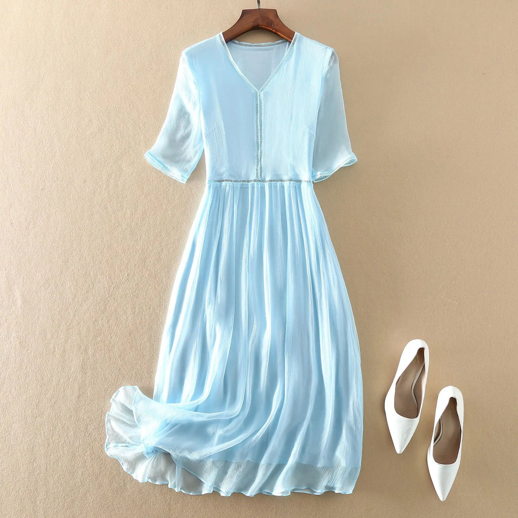 KMETRAM 100% Natural Mulberry Silk Dresses 2025 Woman Summer Elegant V-neck Long Dress Party Frocks Women Clothing Vestidos
