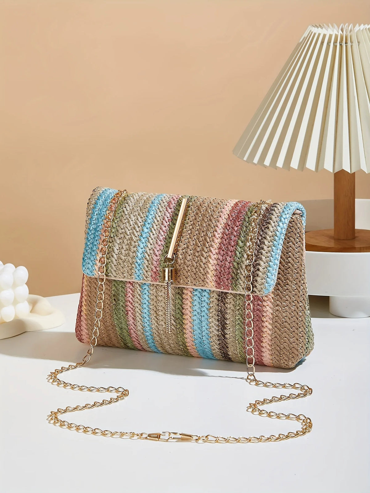 Chic Rainbow Stripe Straw Crossbody Bag for Women Adjustable Shoulder Strap Magnetic Closure Tassel Accent, Fashion Square Purse