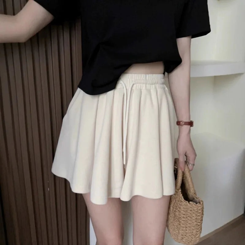 Women High Waist Drawstring Skort Solid A Line Wide Leg Casual Sports Pleated Shorts