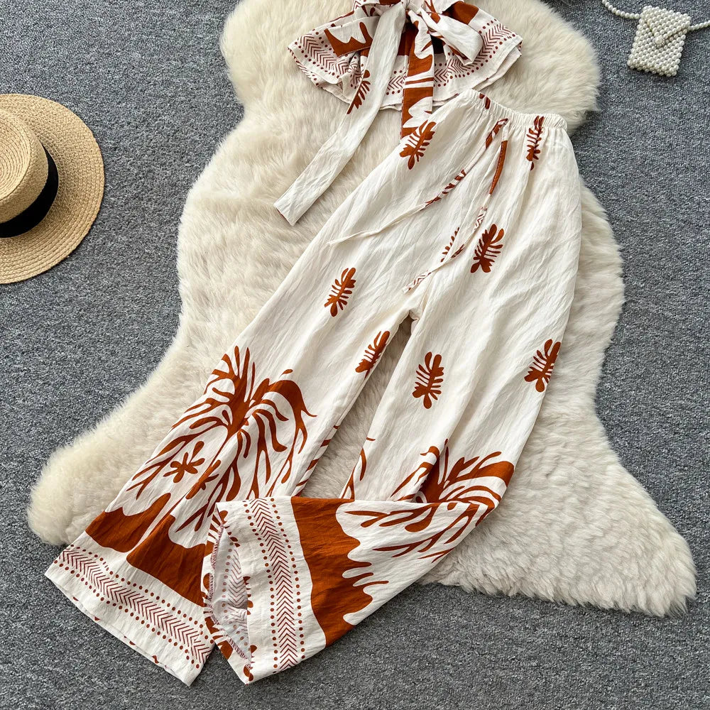 SINGREINY Boho Print Vacation Suits Summer 2026 Sleeveless Lace Up Tank Top+Loose Wide Leg Pant Chic Lazy Casual Women 2pcs Sets
