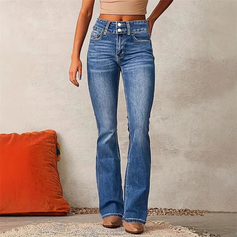 2025 Vintage Mid Waist Washed Stretch Jeans Women New Micro Flared Trousers Casual Commuter Female Denim Pants Trend Streetwear