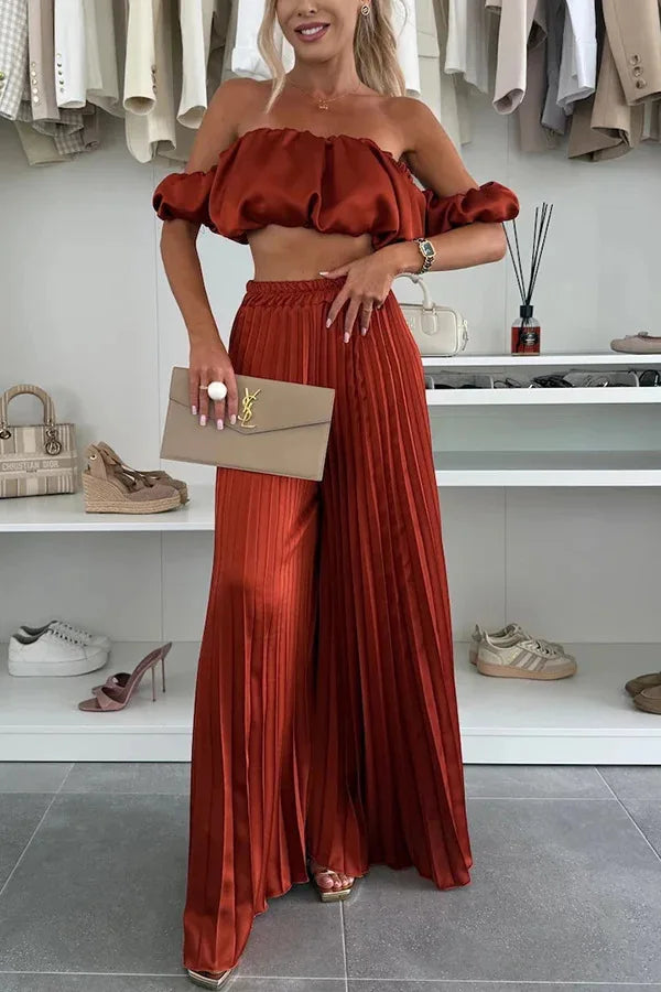 2026 Summer Women Sets Sexy Off-shoulder Sleeveless Short Tops+ Wide Leg Pants 2 Piece Sets Fashion Party Casual Trousers Outfit
