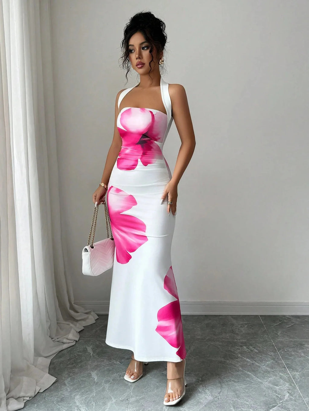 Women's 2026 New Popular Neck Halter Long Dress Hip-wrapped Printed Dress White Dress Birthday Dress for Women Summer Dress