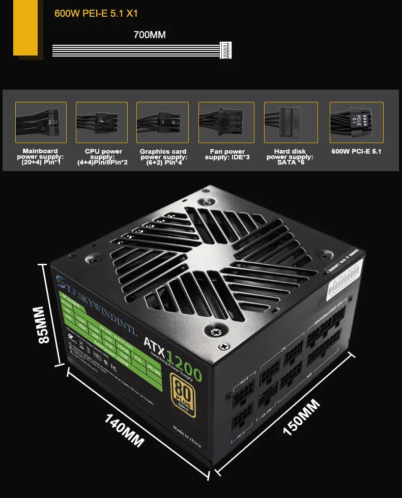 PCIE 5.0 1200W PC Power Supply Full Modular PSU For Power Source 1200W WATT Power Supply ATX PC PSU GPU Gaming Graphics