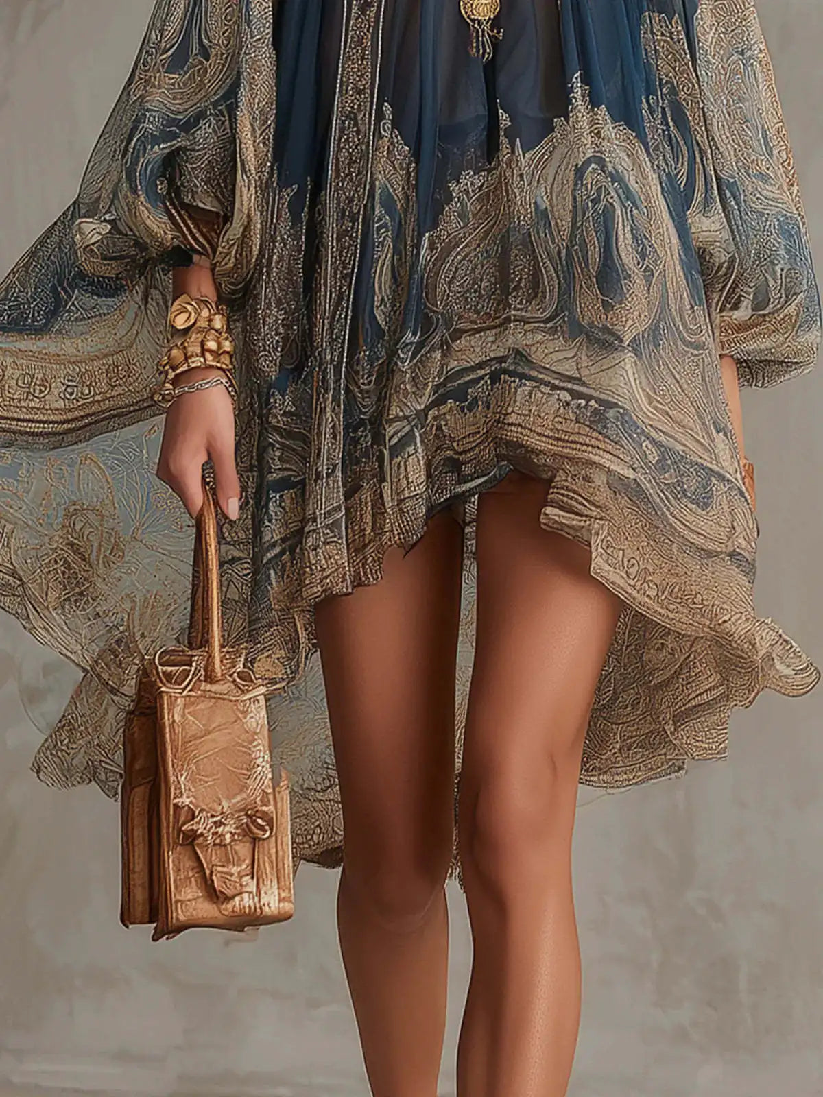 2026 New European and American Turtleneck Printed Chiffon Dress Loose Vacation Style Shawl Long-Sleeved Women's Dress