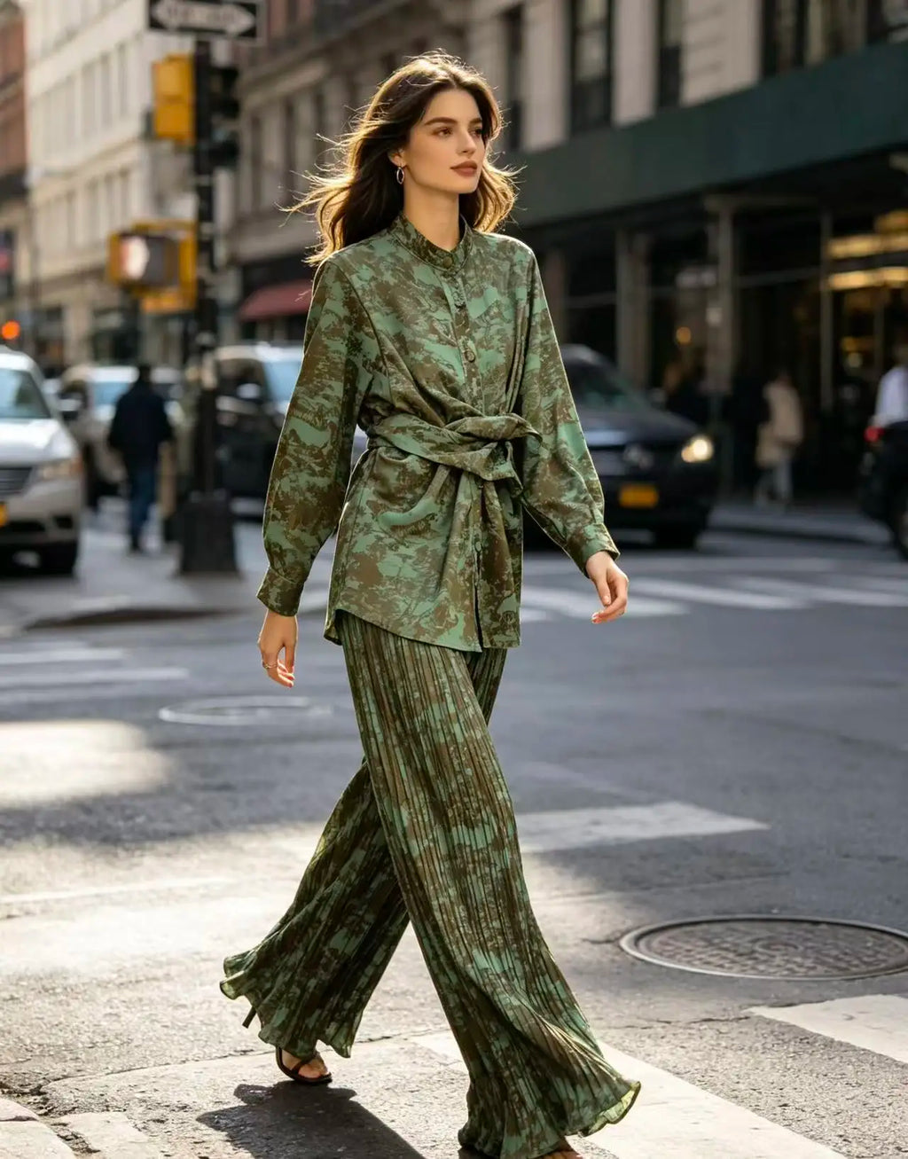 Summer Retro Print For Women Suit Chic and Elegant Outifits Top+High Waist Wide Leg Pleated Long Pants 2 Piece Set 2026
