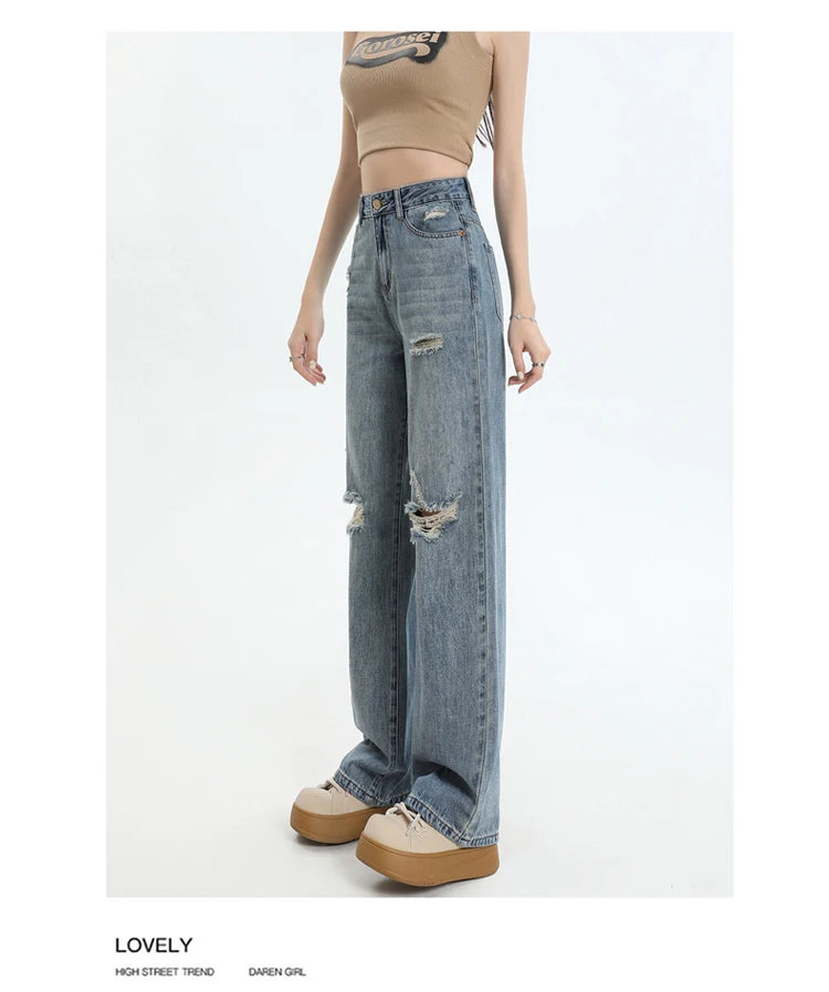 New Ripped Casual Loose Women Jeans High Waist Blue Korean Straight Pants Female Chicly Fashion Street Slim Woman Jeans