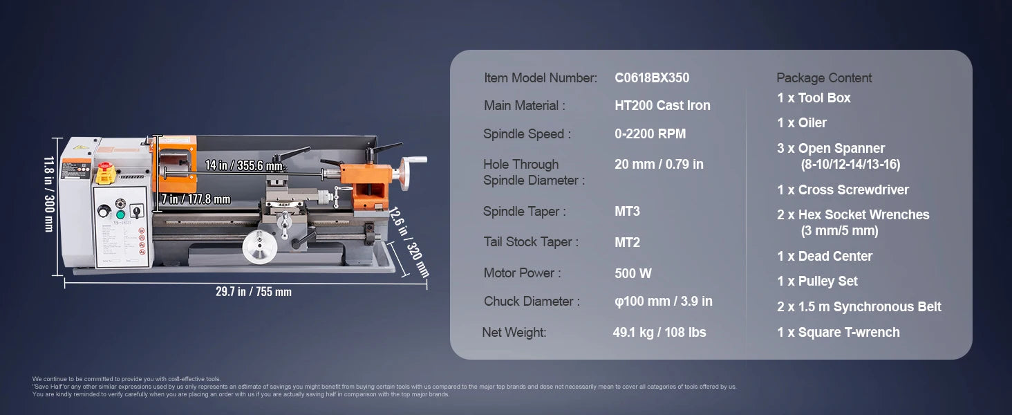 SucceBuy Metal Lathe Machine 7'' x 13.78'' 0-2200 RPM Continuously Variable Speed 500W & Tool Box for Processing Precision Parts