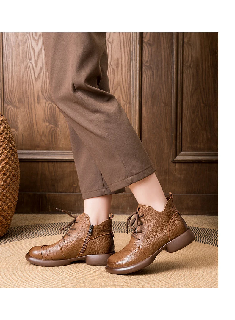 GKTINOO Women Autumn Boots Cowhide Ankle Boots 2025 Winter Retro Casual Genuine Leather Mother Boots Fur Keep Warm Low Heel 41
