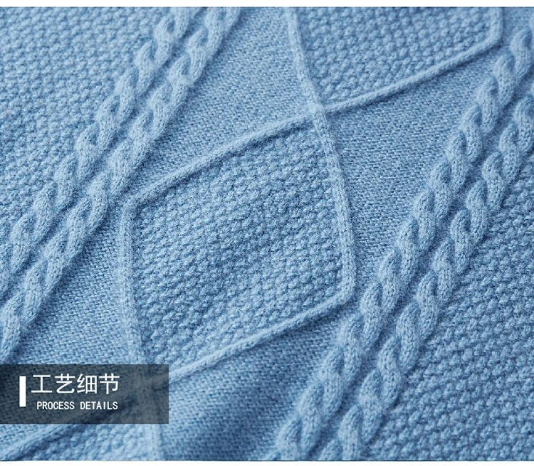 2025 Winter Turtleneck 100% Merino Wool Knitted Sweater Men's Lapel Jacquard Thicken Pullovers Fashion Loose High-End Base Shirt