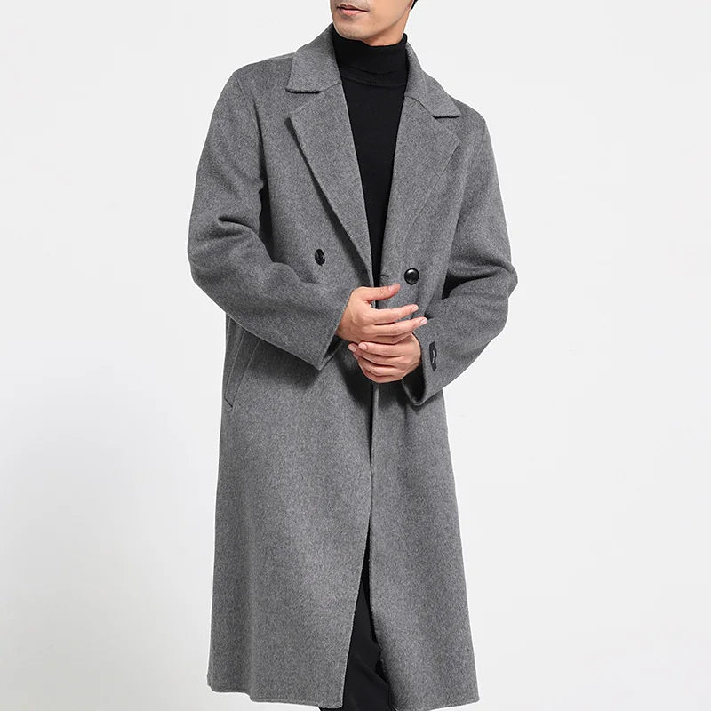 Men's 100% Cashmere Thick Double-Sided Extended Coat, Classic and Versatile Fashion for Business and Leisure