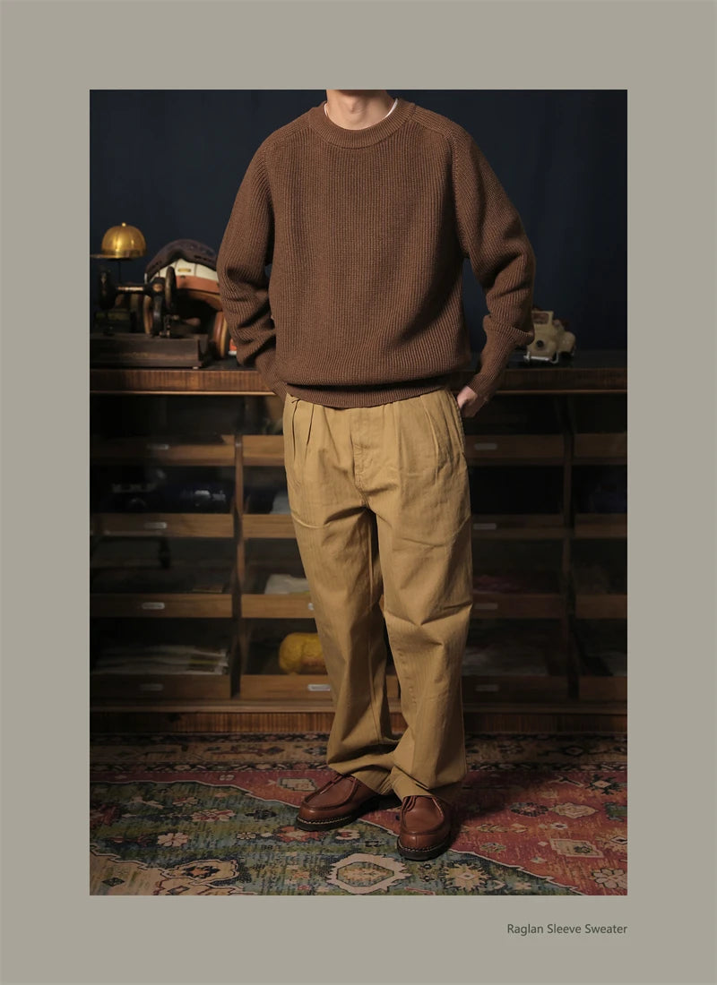 Classic Raglan Sleeve Crewneck Sweater Vintage Style Men's Wool Blend Knitted Pullover Jumper Thick