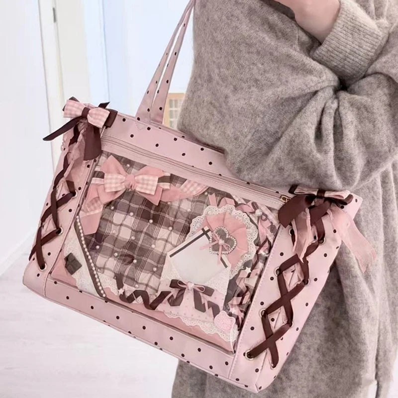 Japanese Polka Dot Shoulder Bag, Sweet Cute Large-capacity Ita Bag, Bow Lace Tie Design Handbag Fashion Lightweight Laptop Bag
