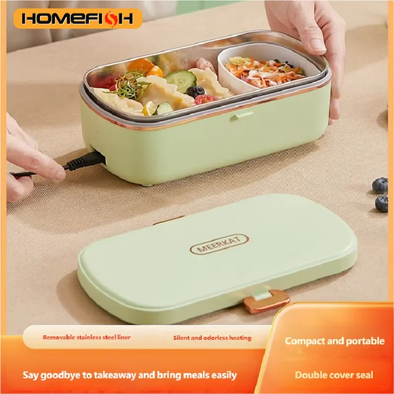 HOMEFISH Stainless Steel Electric Lunch Box Food Warmer Bento Box Water-Free Heating Office Lunch Container with Built-In Heater