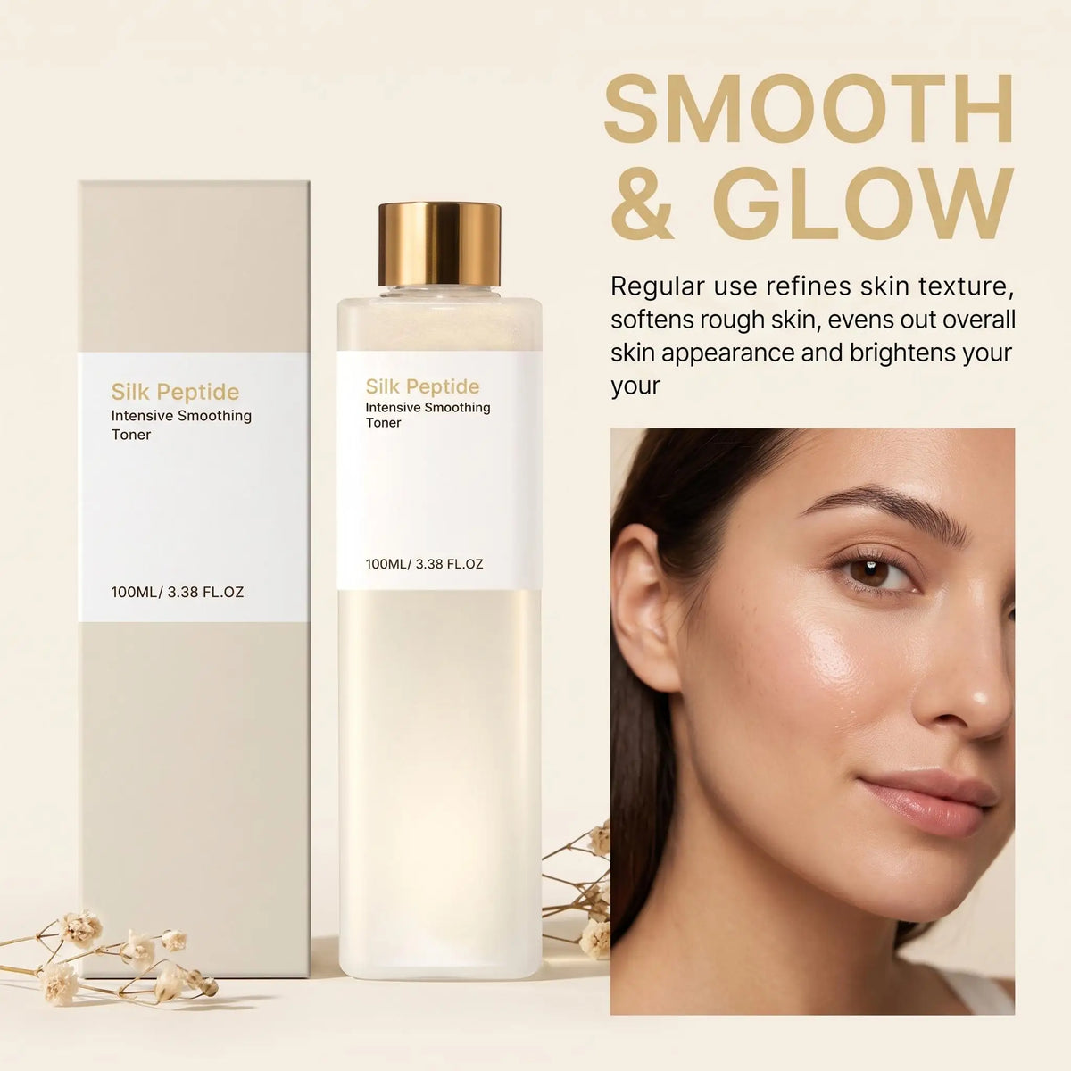 Silk Peptide Facial Toner & Serum Ampoule Set Duo, Korean Glass Skin Glow Care Revitalize Dry Tired-Looking Skin Women Gift Set