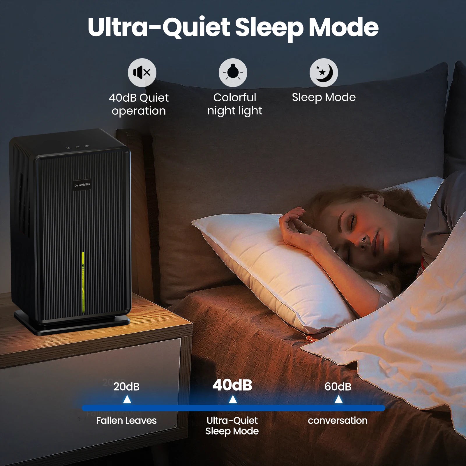 Home Dehumidifier, 750 sq. ft. bathroom dehumidifier, 100 oz dehumidifier, 7 colors night light, auto shut off, sleep mode