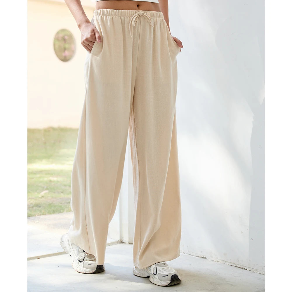 Loose Wide Leg Casual Pants Women's  Korean Linen Office Lady Household Trousers Drawstring Straight Leg Long Pants Femme