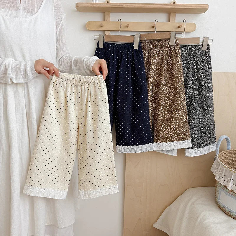 Korean Style Baby Girls Polka Dot Wide Leg Pants Lace Hem Loose Trousers Toddler Kids Elastic Waist Casual Fashion Pants