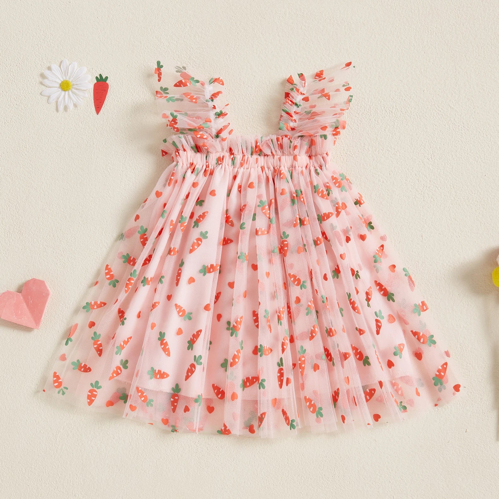 Toddler Baby Girls Easter Tulle Dress Cute Carrot/Rabbit Print Ruffled Flying Sleeve Mesh Dress for Summer Casual Clothes