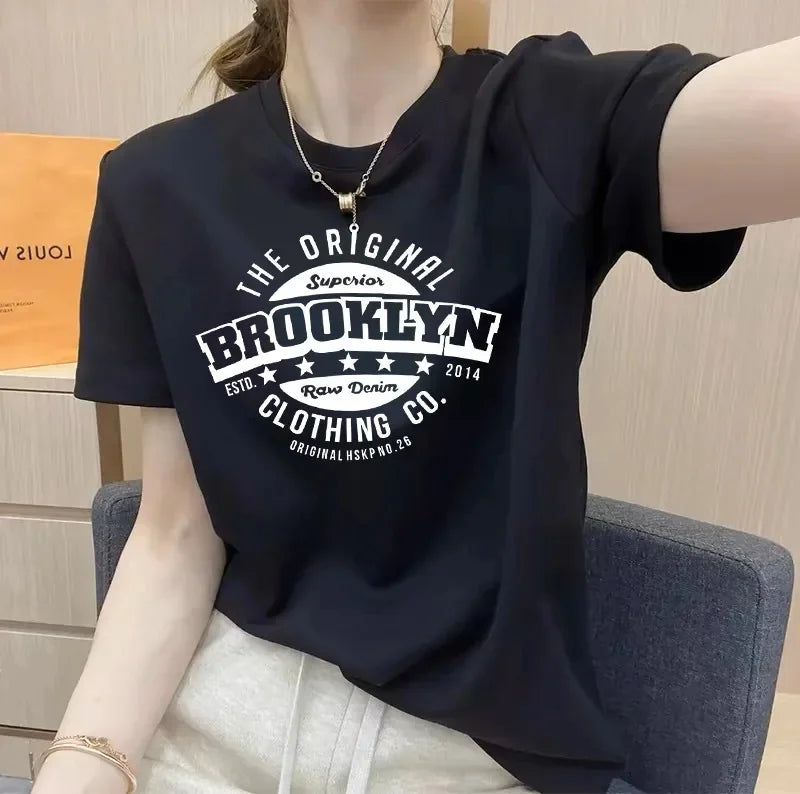 Women's Short Sleeve T-Shirt Pure Cotton Thin Summer Korean Style Loose Fit Shoulder round Neck Half Sleeve Ladies Top Versatile