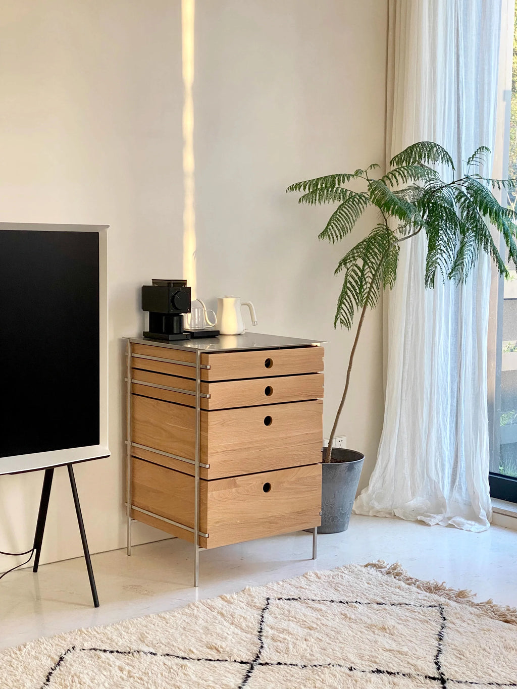 X Nordic Original Oak Chest Cabinet, Log Dining Side Storage Cabinet, Minimalist Stainless Steel Multi-functional Cabinet