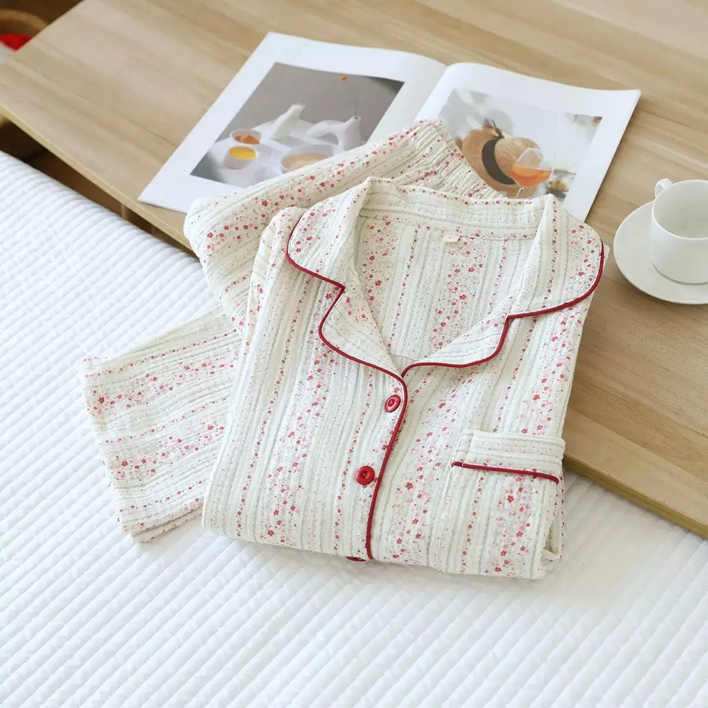 2025 Autumn Cotton Crepe Women's Pajamas Casual Soft Loose Sleepwear Long Sleeve Pants Pajama Sets Night Clothes 2-piece Set