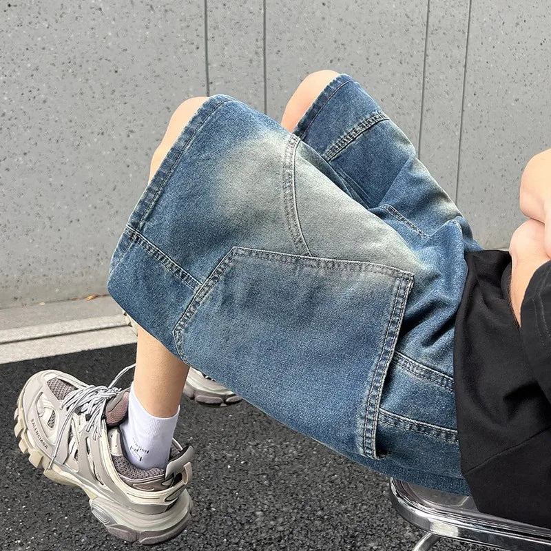 2026 Summer New Baggy Denim Shorts Fashion Casual Straight Harajuku Jeans Male Vintage Wash Drawstring Short Pants Streetwear