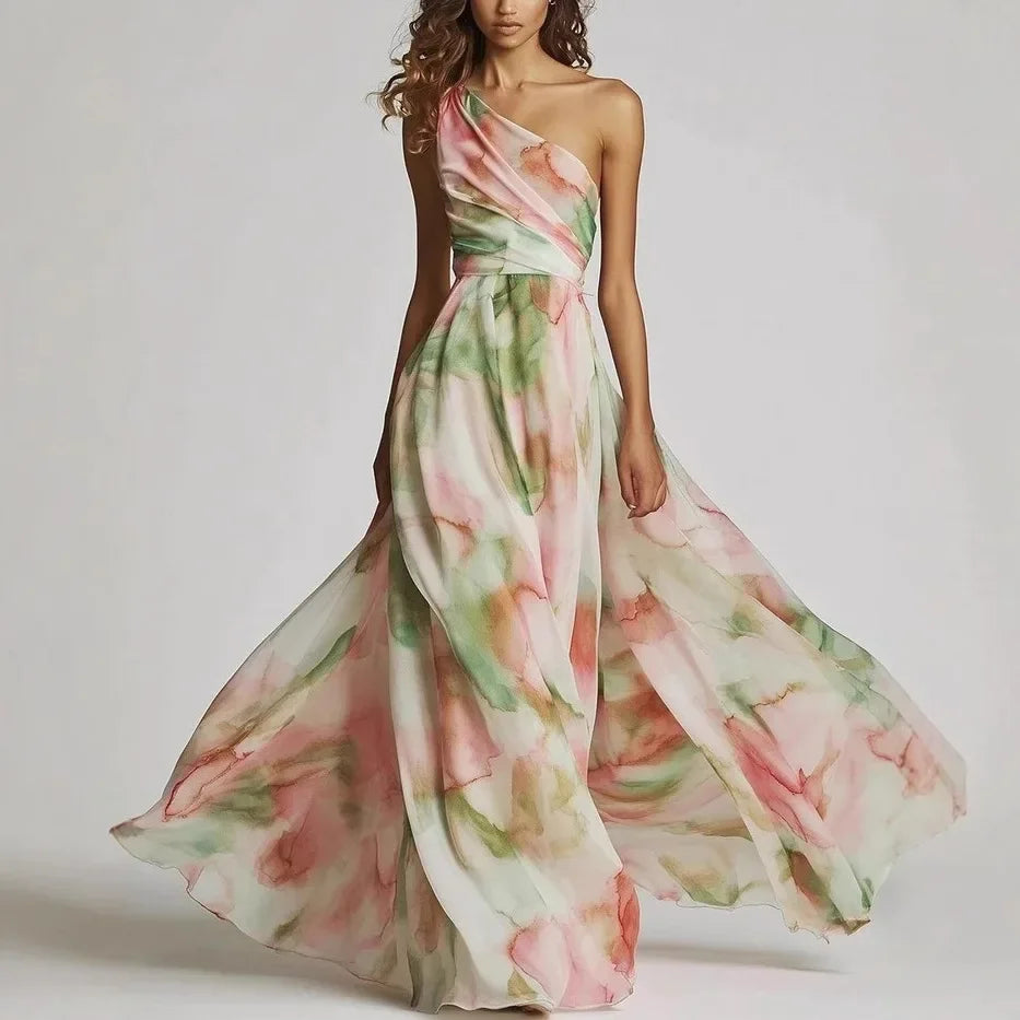 Elegant Women's Dress Sexy One-Shoulder Tie-Dye Party Dress Fashion Sleeveless Printed High Waist Large Hem Skirt Maxi Dress