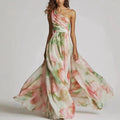 Elegant Women's Dress Sexy One-Shoulder Tie-Dye Party Dress Fashion Sleeveless Printed High Waist Large Hem Skirt Maxi Dress
