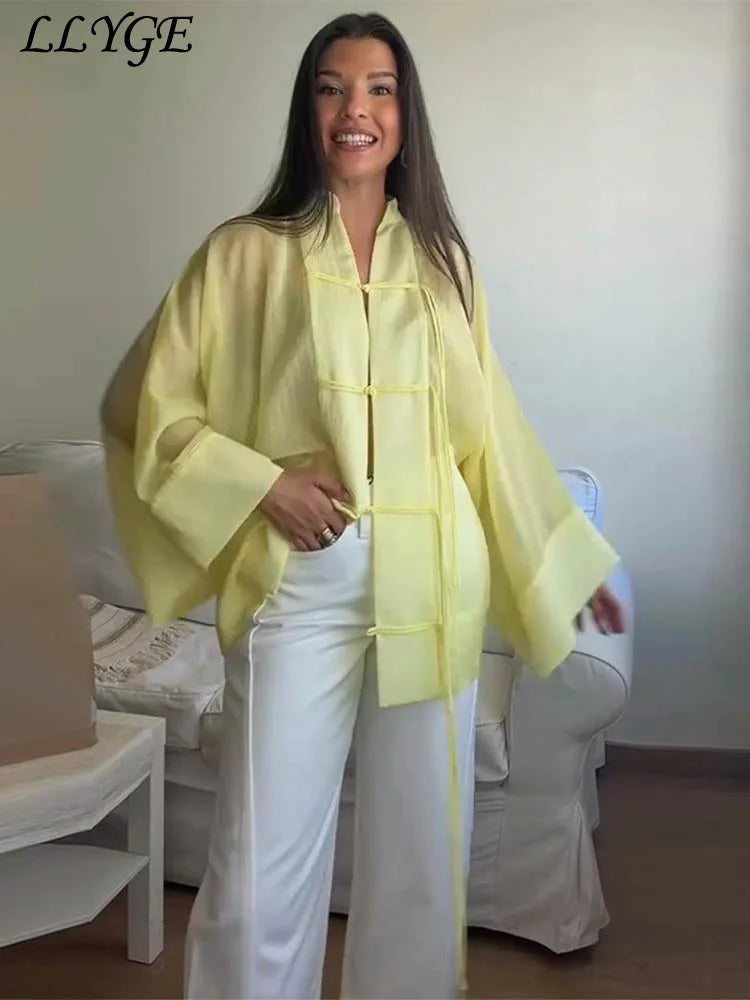 Loose Women's Frog Buttons Mandarin Shirts See Through Stand Collar Full Sleeve Blouses 2026 Summer Lady Cotton Linen Outwear