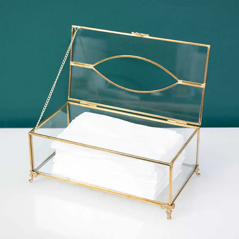 Vintage Brass Glass Tissue Box Living Room paper Storage Holder Tea Table Desktop Paper Box Hotel Restaurant Tissue Organizer