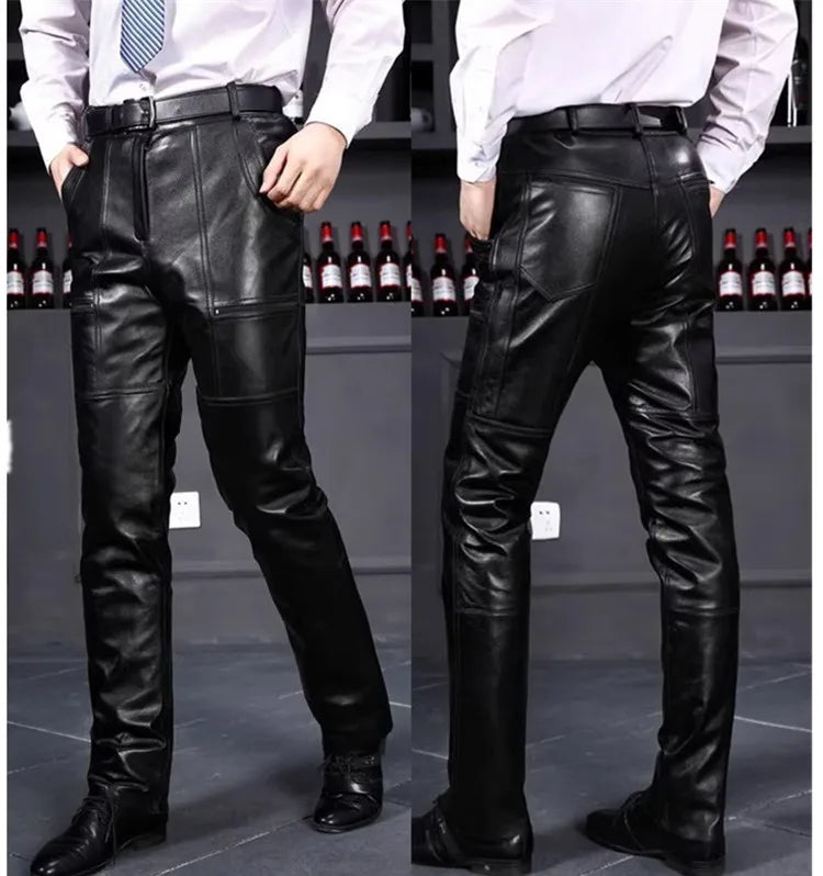 Men's Thickened Leather Pants with Detachable Warm Fleece Liner Genuine Cowhide Goatskin for Autumn And Winter