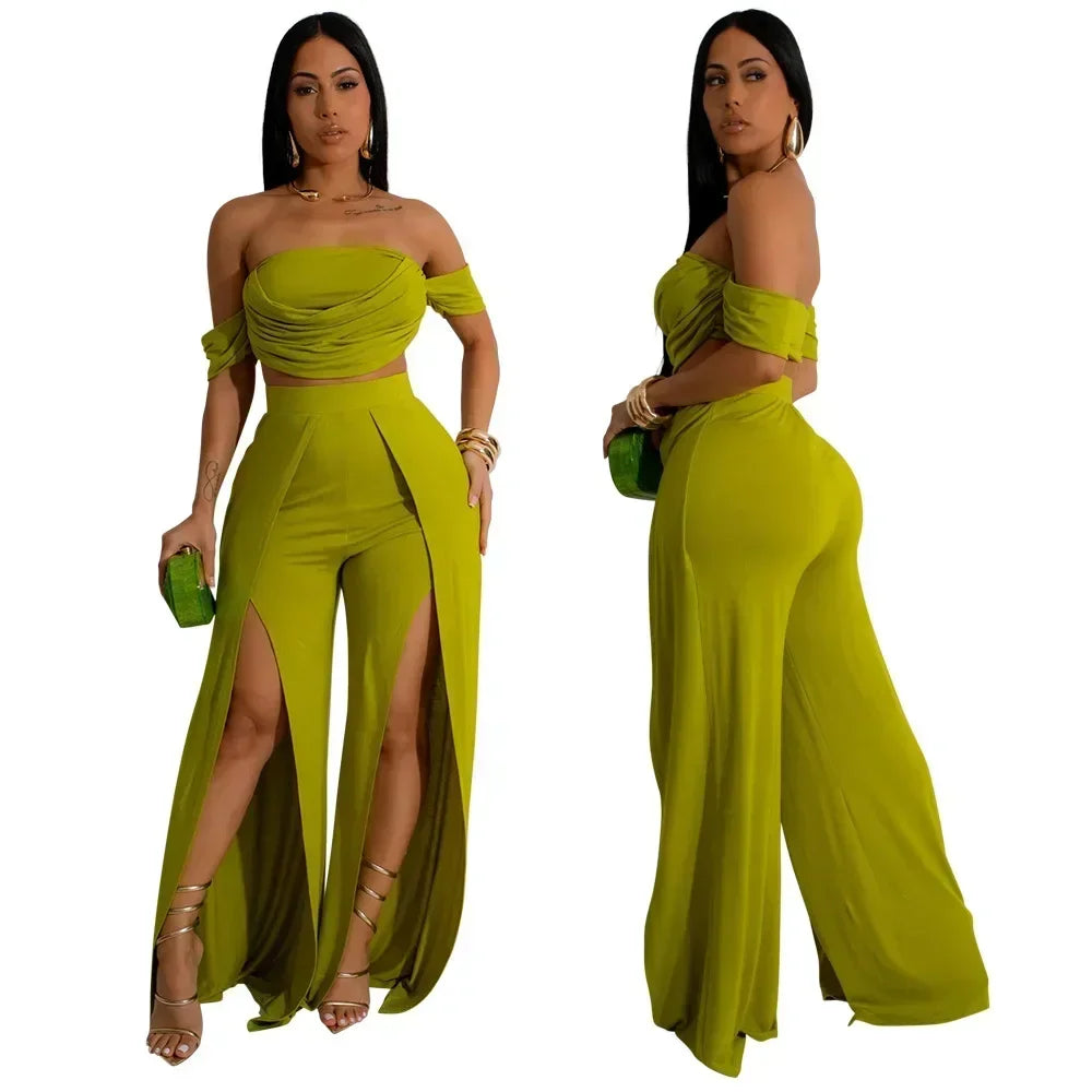 Women's Set Short Sleeve Slash Neck Ruched Tops and Wide Leg split Pants 2025 Street Two 2 Piece Sets Outfit Tracksuits