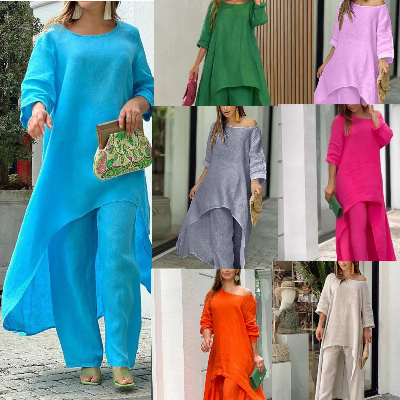 2025 Loose New In Matching Sets Two Piece Outfit 2 Pieces Set For Woman Solid Color Irregular Hem Long Sleeves Wide Legs Trouser