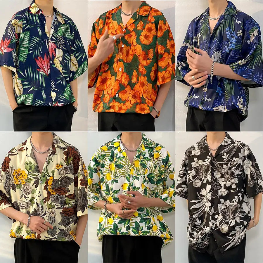 New Summer Casual Short Sleeved Shirt Korean Version Fashionable Men's and Women's Loose Collar Hawaiian Seaside Flower Shirt
