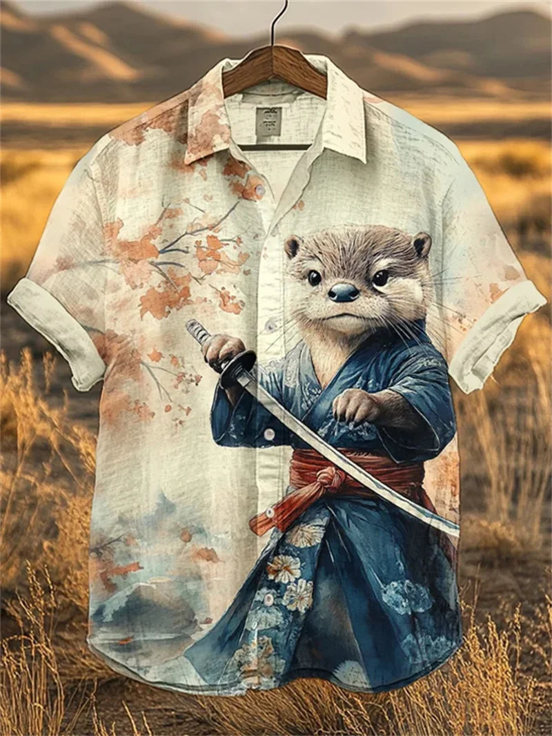 Men's Warrior Cat Art Linen Shirt 3D Plum Blossom Print Casual Hawaiian Shirt Summer Short Sleeved Shirt Top