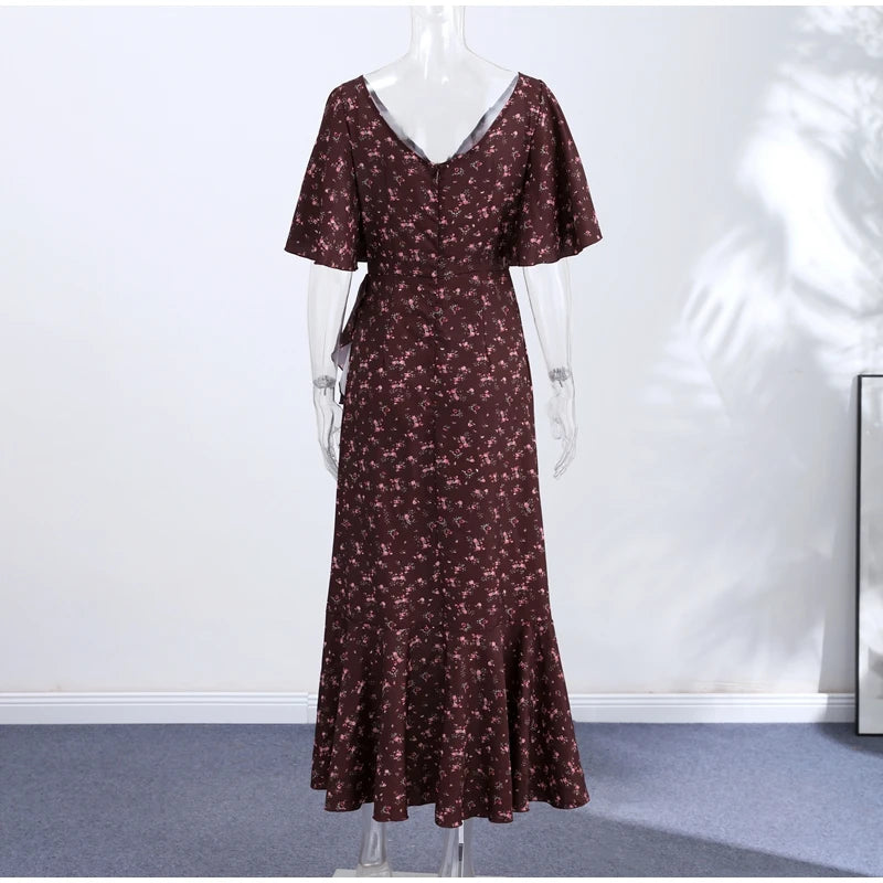 Elegant Print Women Long Dress Chic Ruffle Pleated Short Sleeve V-neck Waist-Closed Female Dresses 2026 Summer Beach Lady Robe