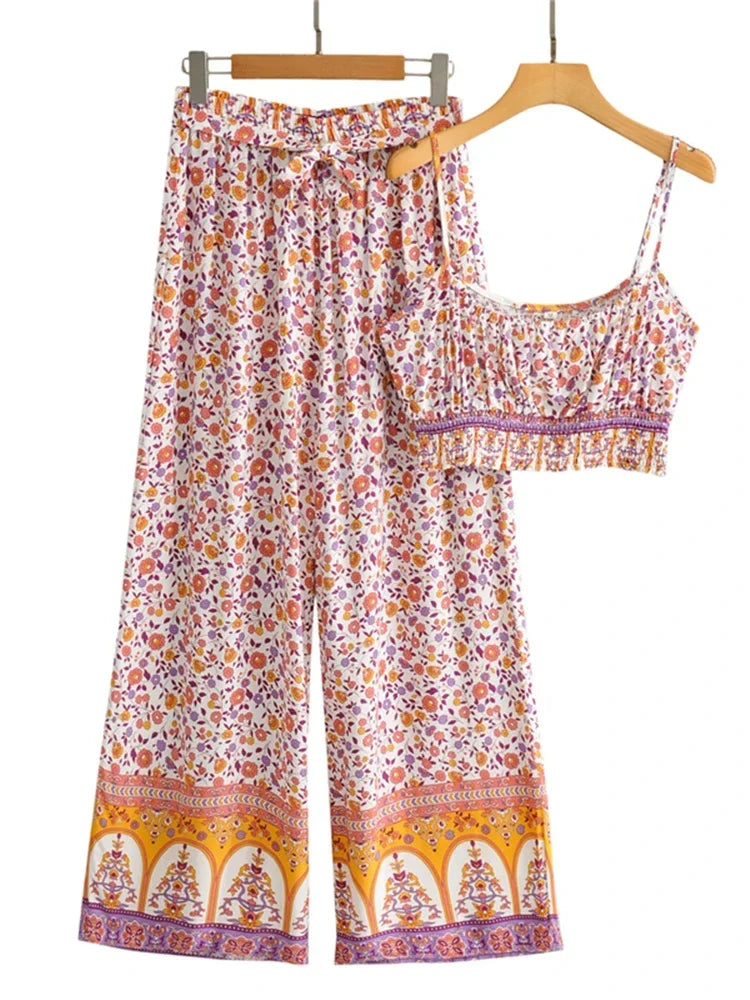 Vintage Chic  Women Floral Print Outfits Strap Sleeveless Tops Bohemian Suits Drawstring Pants 2 Pieces Rayon Cotton Boho Sets