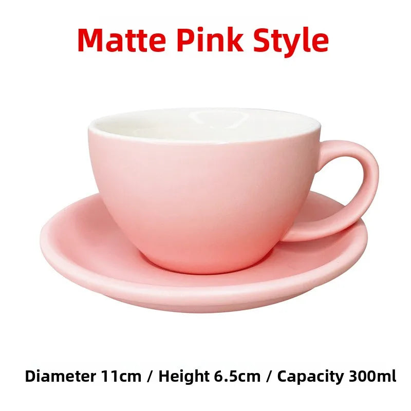 European Style Matte Latte Cup Ceramic Cappuccino Cup Large Mouth Coffee Cup Plate Set Handmade Craftsmanship 300ml