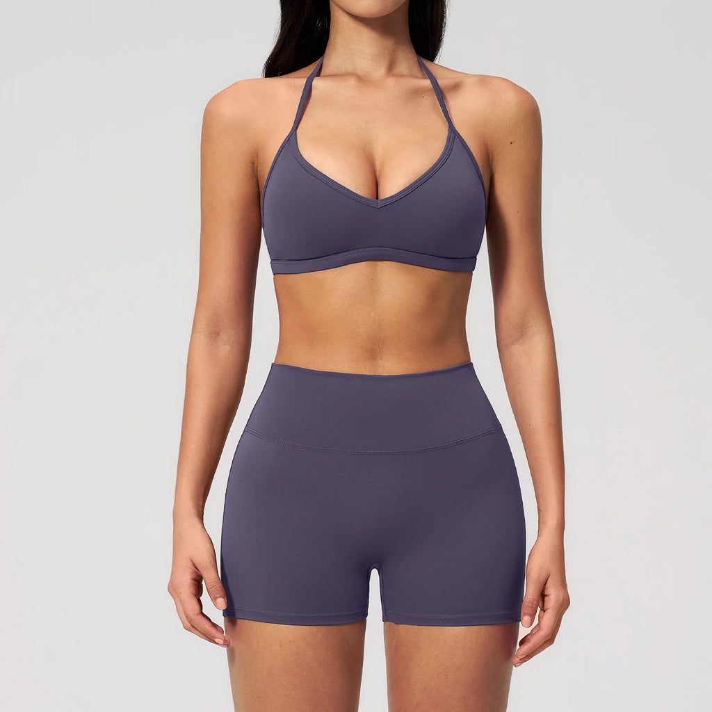 2 Pieces Yoga Set Women Tracksuit Backless Halter Tops High Waist Shorts Gym Suits Fitness Sportswear Workout Sets Athletic Wear