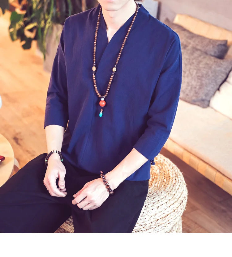 Summer Kimono Japanese Style Short Sleeve Men New Half-sleeved Cotton Linen Breathable Men Clothing T-shirt Japanese Yukata Tops