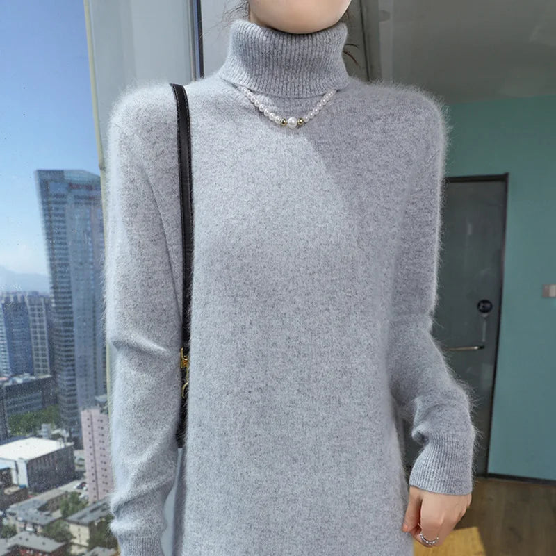 New Hot Selling 100% Mink Cashmere Knitted Women's High Neck Pullover Dress Sweater Slim Fit Solid Color Long Women's Dress