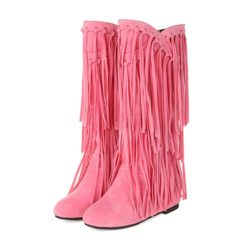2025 New High Boots Women Bohemian Flock Tassle Mid-Calf Boots Wedge Booties Autumn Winter Ethnic Casual Shoes zapatos de mujer