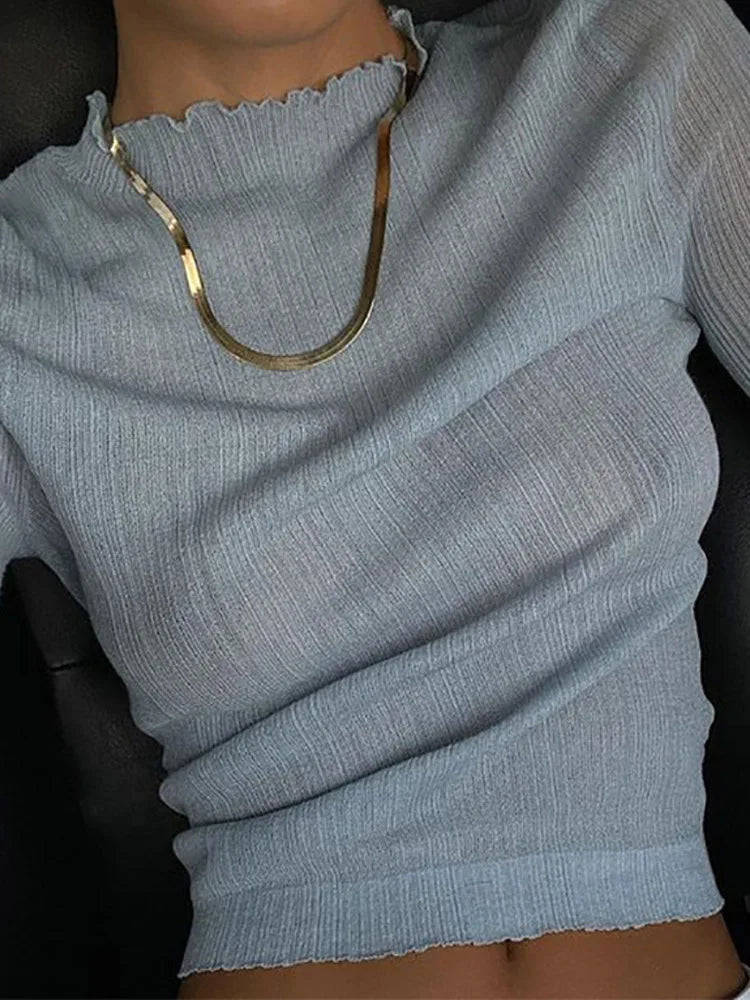 2024 Fall Elegant See Through Long Sleeve Mock Neck Women Tops Fashion Streetwear Sexy T-Shirts Tees Slim Clothes